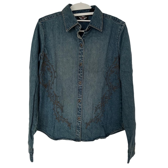 Harley-Davidson Tops - HARLEY DAVIDSON Studded & Embroidered Logo Denim Button Up Shirt‎ in Blue Size M